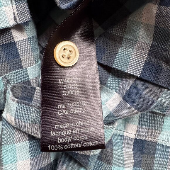 John Varvatos Checkered Plaid 100% Cotton Button-Down Size Medium Blue Black - Picture 3 of 6